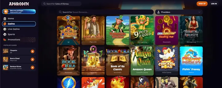 Lobby des machines à sous Aphrodite Casino avec Cleopatra, Book of Dead, Rainbow Riches et 9 Pots of Gold