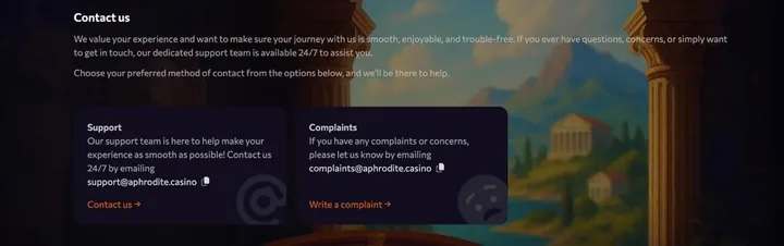 Page Contact Aphrodite Casino avec adresses Support et Complaints sur fond de paysage olympien