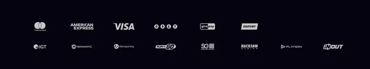 Logos des moyens de paiement Aphrodite Casino : Mastercard, Visa, American Express, crypto, Giropay, Sofort, et fournisseurs de jeux